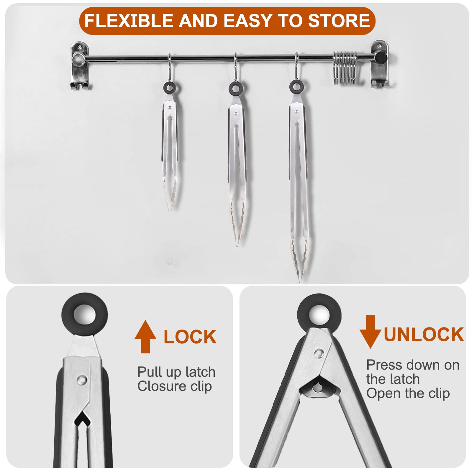 9 Pieces Stainless Steel Kitchen Tongs Grilling Locking Cooking Tongs Non-Slip Metal Food Tongs For Cooking, Salad And Bbq, 7, 9